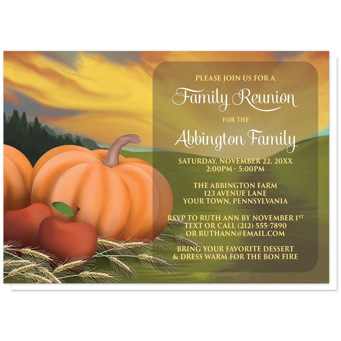 Country Autumn Harvest Family Reunion Invitations at Artistically Invited. Country autumn harvest family reunion invitations designed with pumpkins, apples, and hay stems in a country farm or open fields illustration. Your personalized reunion celebration details are printed in white and yellow over a darker area over the scene to the right of the harvest.