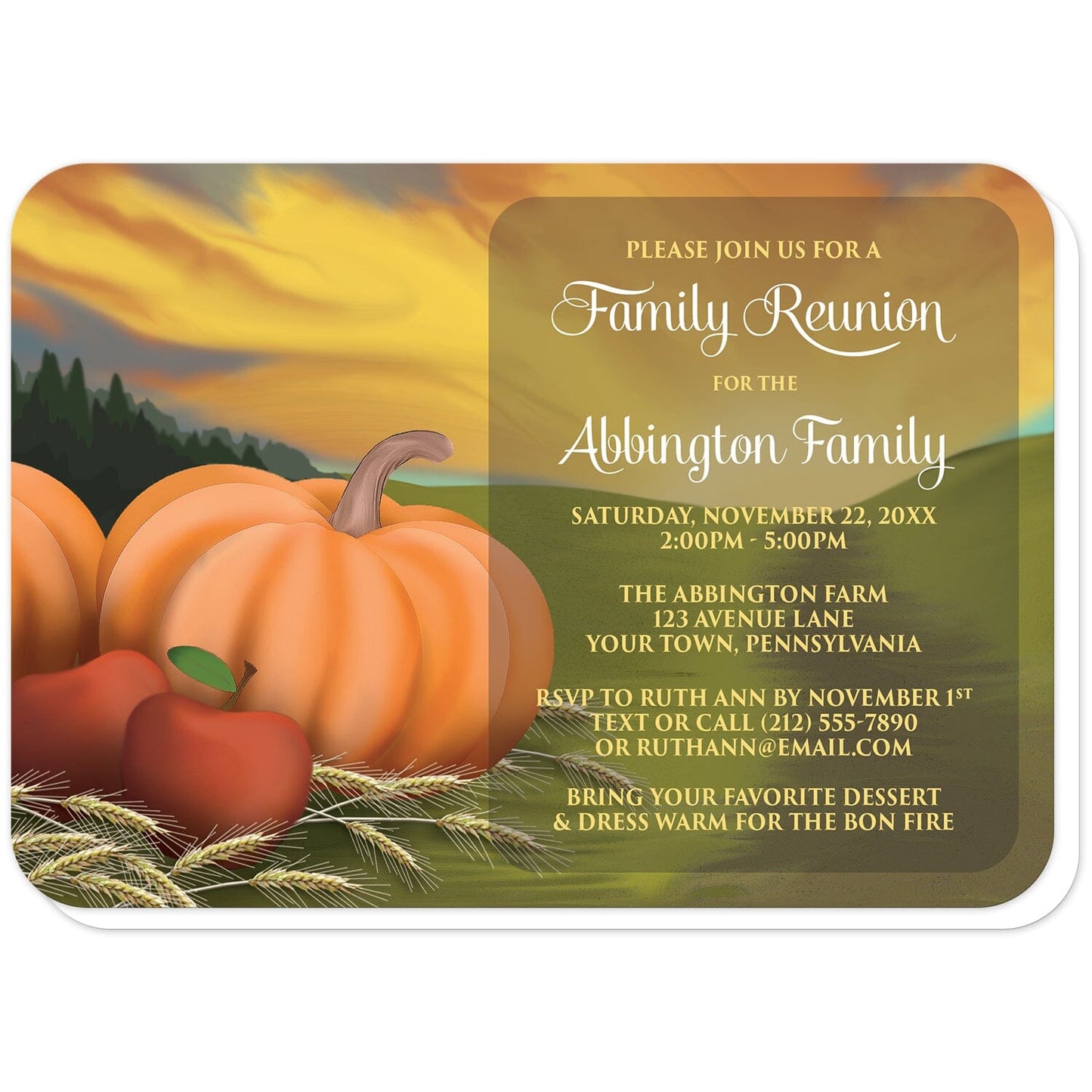 Country Autumn Harvest Family Reunion Invitations (with rounded corners) at Artistically Invited. Country autumn harvest family reunion invitations designed with pumpkins, apples, and hay stems in a country farm or open fields illustration. Your personalized reunion celebration details are printed in white and yellow over a darker area over the scene to the right of the harvest.
