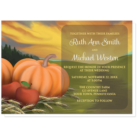 Country Autumn Harvest Wedding Invitations at Artistically Invited. Country autumn harvest wedding invitations with pumpkins, apples, and hay stems in a country farm or open fields illustration. Your personalized marriage celebration details are printed in white and yellow over a darker frame area over the scene to the right of the harvest.