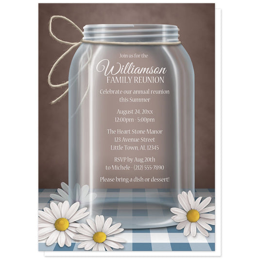 Mason Jar Daisy Blue Gingham Family Reunion Invitation at Artistically Invited. Country mason jar daisy gingham family reunion invitations with an illustration of a glass mason jar with twine tied around the neck of it, and white and yellow daisies laying at the base of the jar on a blue gingham tabletop and over a vintage brown background. Your personalized reunion celebration details are arranged in white within the mason jar illustration.
