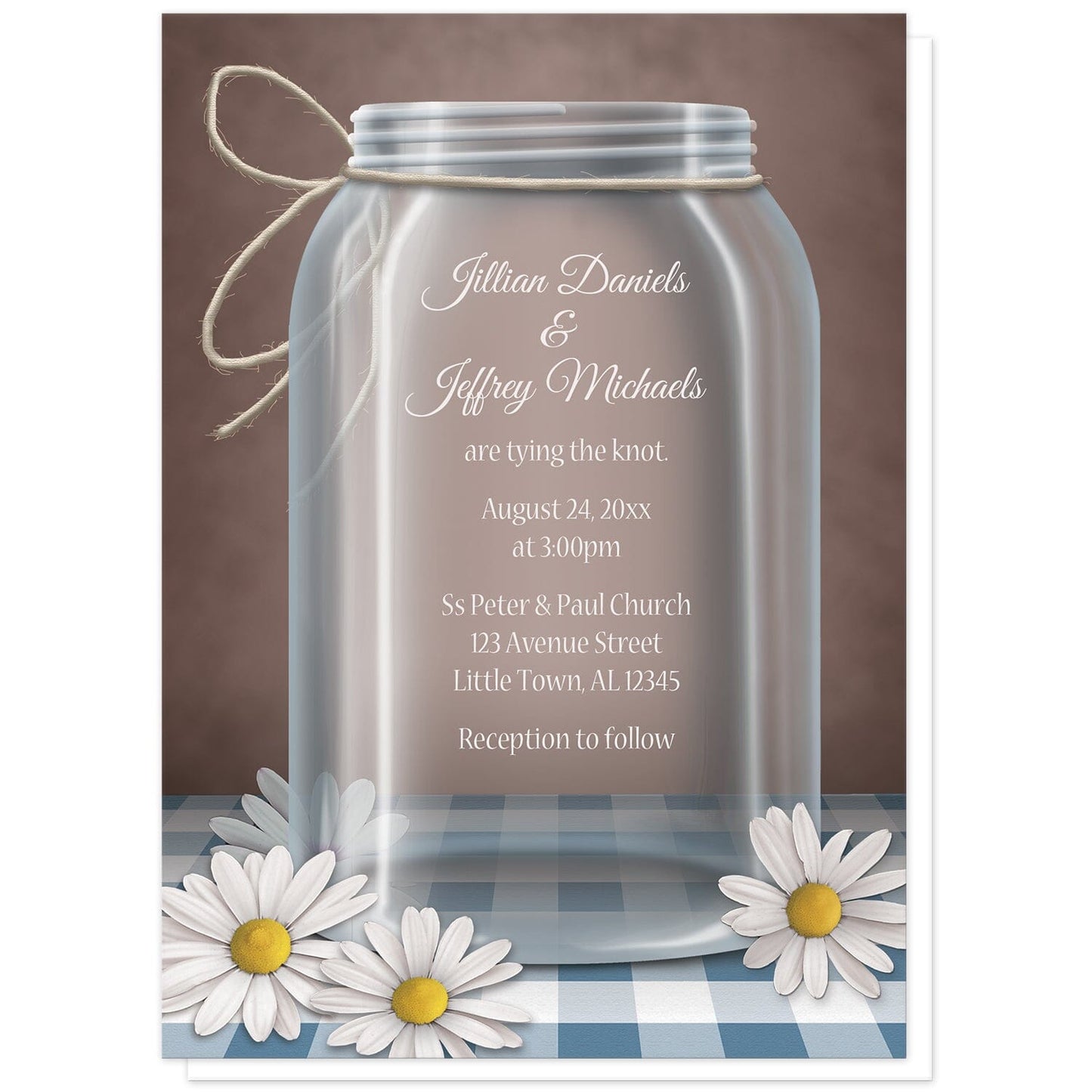 Mason Jar Daisy Blue Gingham Wedding Invitation at Artistically Invited. Country mason jar daisy gingham wedding invitations featuring a beautiful illustration of a glass mason jar with twine tied around the neck of it. White daisies are scattered, laying at the base of the jar on a blue gingham table top over a vintage brown background design.
