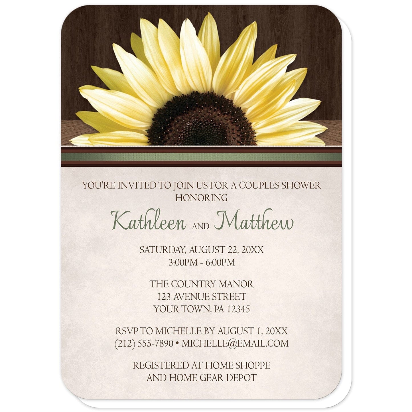 Country Sunflower Over Wood Rustic Couples Shower Invitations (with rounded corners) at Artistically Invited. Country sunflower over wood rustic couples shower invitations with a lovely big yellow sunflower over a rustic dark brown wood pattern along the top above a beige parchment background illustration. Your personalized wedding shower celebration details are elegantly printed in green and brown below the sunflower.