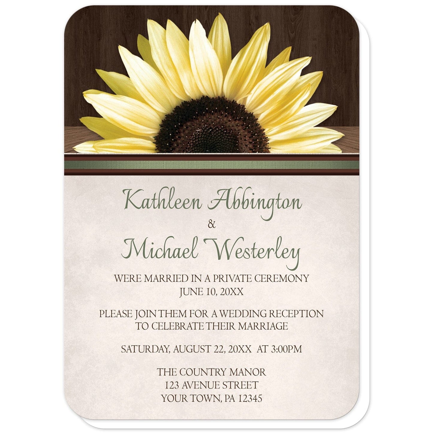 Country Sunflower Over Wood Rustic Reception Only Invitations (with rounded corners) at Artistically Invited. Country sunflower over wood rustic reception only invitations with a lovely big yellow sunflower over a rustic dark brown wood pattern along the top above a beige parchment background illustration. Your post-wedding reception details are elegantly printed in green and brown below the sunflower.