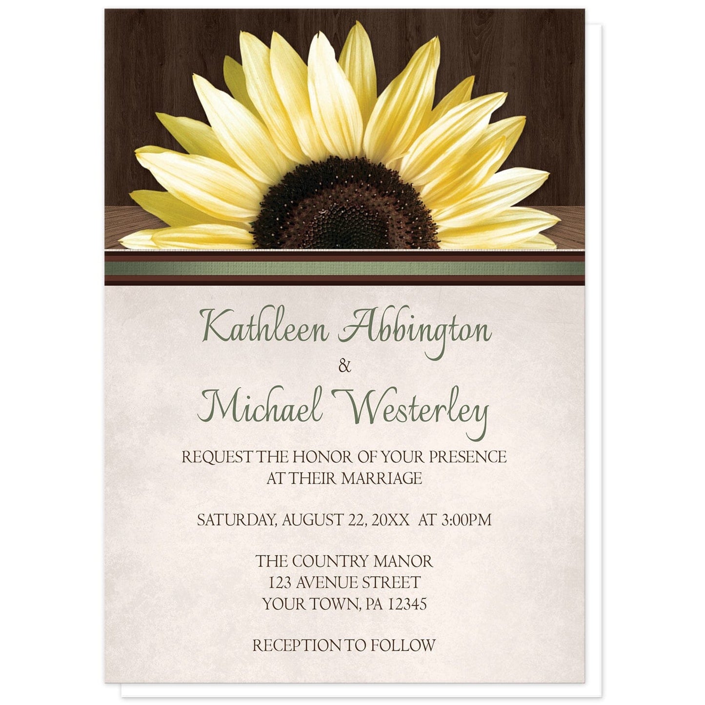 Country Sunflower Over Wood Rustic Wedding Invitations at Artistically Invited. Country sunflower over wood rustic wedding invitations with a lovely big yellow sunflower over a rustic dark brown wood pattern along the top above a beige parchment background illustration. Your personalized marriage celebration details are elegantly arranged in green and brown below the sunflower.