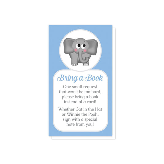 Cute Elephant Blue Bring a Book Cards at Artistically Invited. Cute elephant blue bring a book cards illustrated with an affectionate and adorable gray elephant in a white circle over a blue background color. Your book request details are printed in blue and gray in a white rectangular area below the cute little elephant.