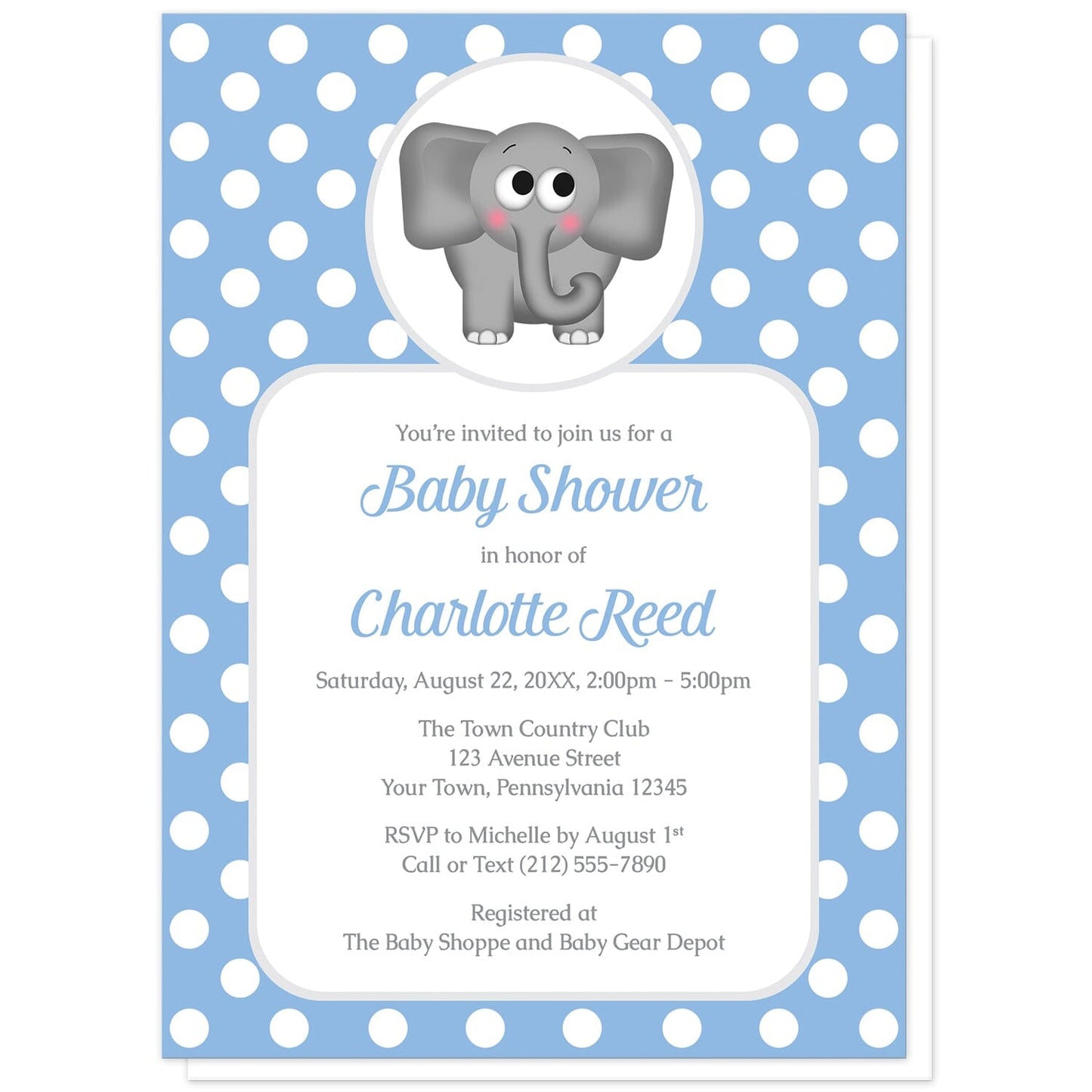 Cute Elephant Blue Polka Dot Baby Shower Invitations at Artistically Invited. Cute elephant blue polka dot baby shower invitations that are illustrated with an affectionate and adorable gray elephant over a blue polka dot background. Your personalized baby shower details are arranged in blue and gray over a white rectangular area over the blue polka dot background.