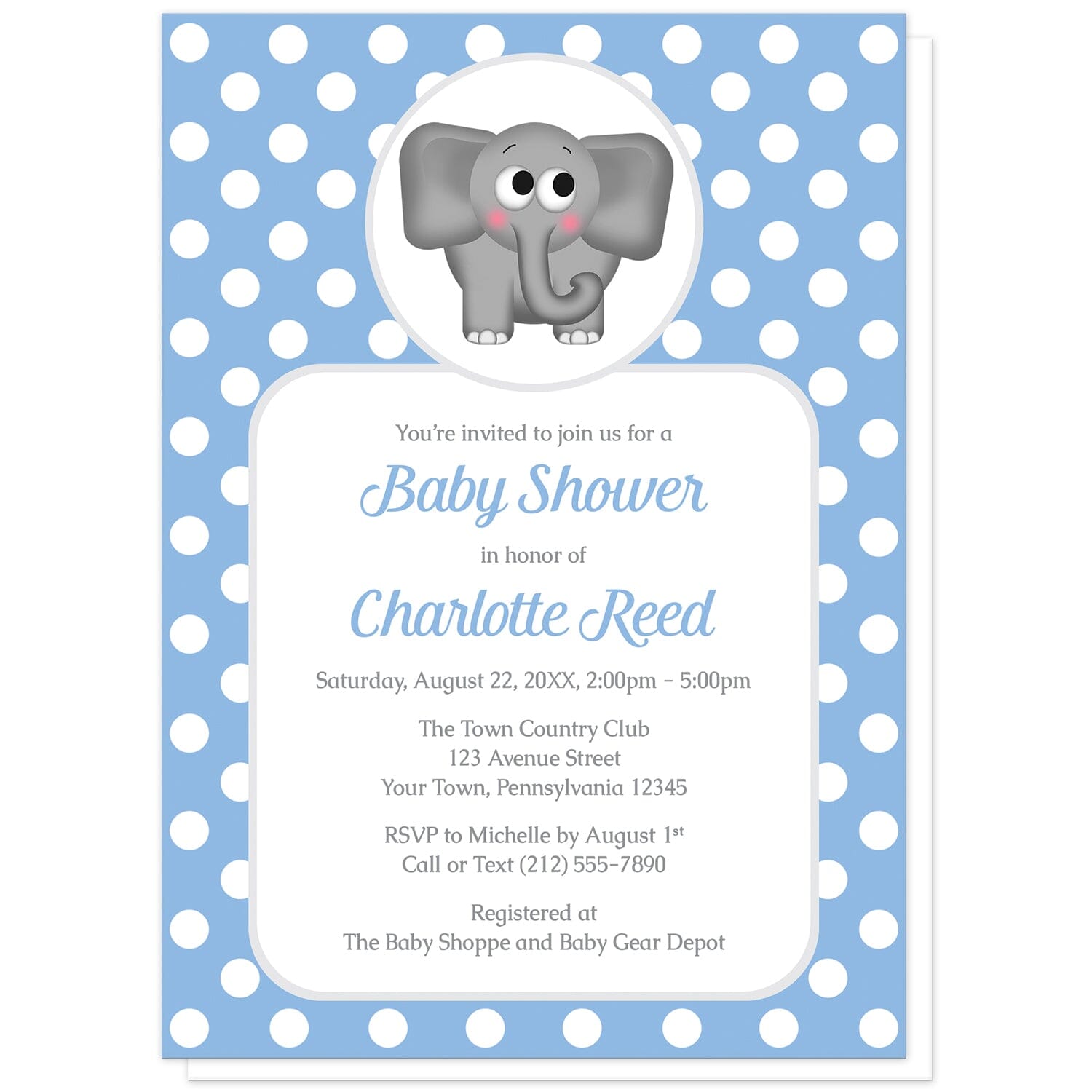 Cute Elephant Blue Polka Dot Baby Shower Invitations at Artistically Invited. Cute elephant blue polka dot baby shower invitations that are illustrated with an affectionate and adorable gray elephant over a blue polka dot background. Your personalized baby shower details are arranged in blue and gray over a white rectangular area over the blue polka dot background.