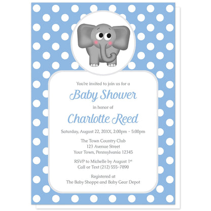 Cute Elephant Blue Polka Dot Baby Shower Invitations at Artistically Invited. Cute elephant blue polka dot baby shower invitations that are illustrated with an affectionate and adorable gray elephant over a blue polka dot background. Your personalized baby shower details are custom printed in blue and gray over a white rectangular area over the blue polka dot background.
