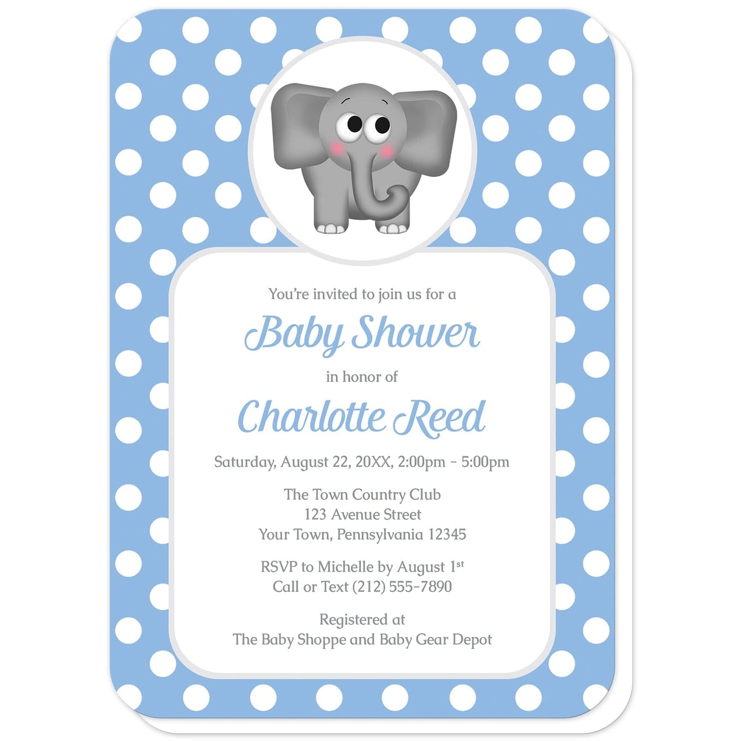 Cute Elephant Blue Polka Dot Baby Shower Invitations (with rounded corners) at Artistically Invited. Cute elephant blue polka dot baby shower invitations that are illustrated with an affectionate and adorable gray elephant over a blue polka dot background. Your personalized baby shower details are custom printed in blue and gray over a white rectangular area over the blue polka dot background.