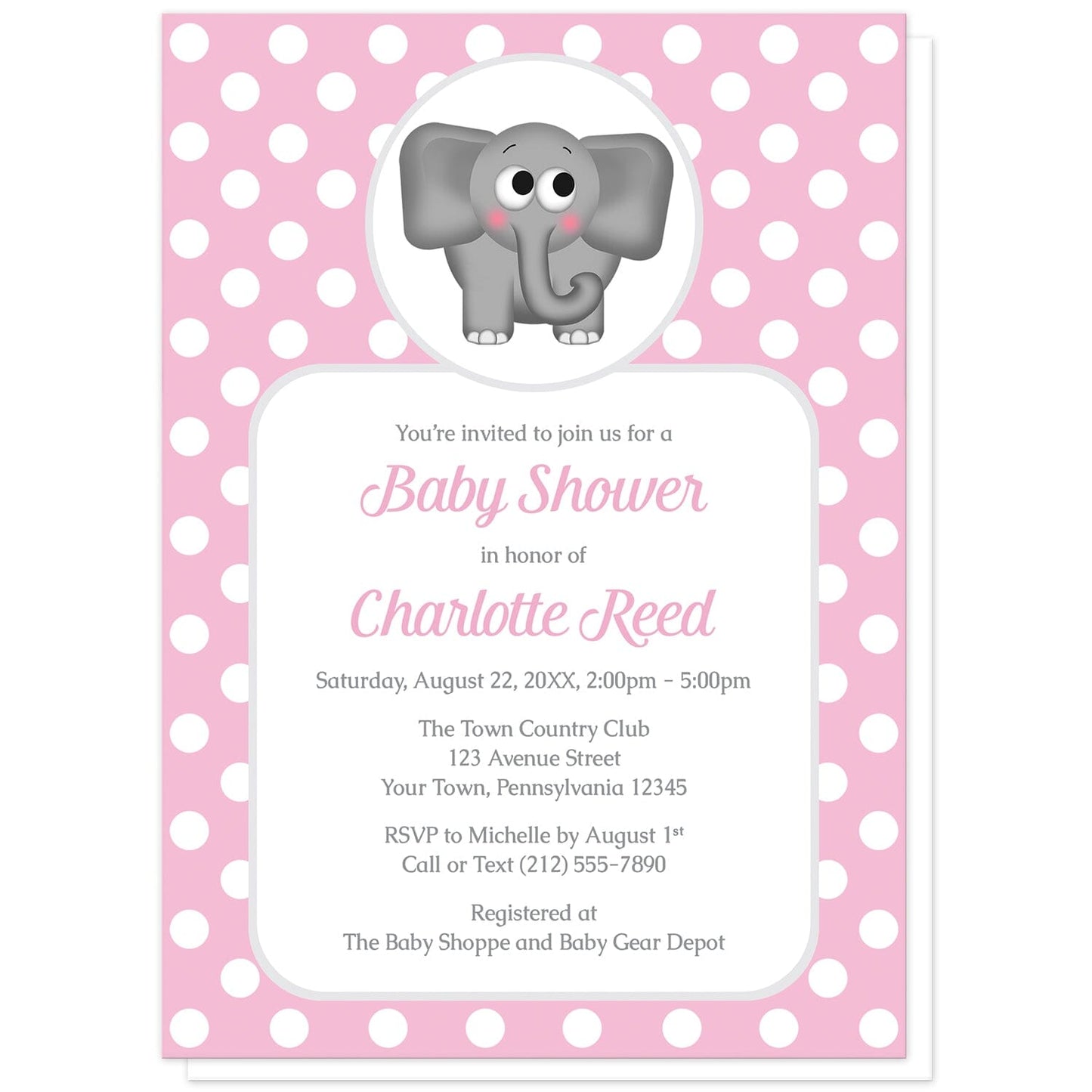 Cute Elephant Pink Polka Dot Baby Shower Invitations at Artistically Invited. Cute elephant pink polka dot baby shower invitations that are illustrated with an affectionate and adorable gray elephant over a pink polka dot background. Your personalized baby shower details are arranged in pink and gray over a white rectangular area over the pink polka dot background.