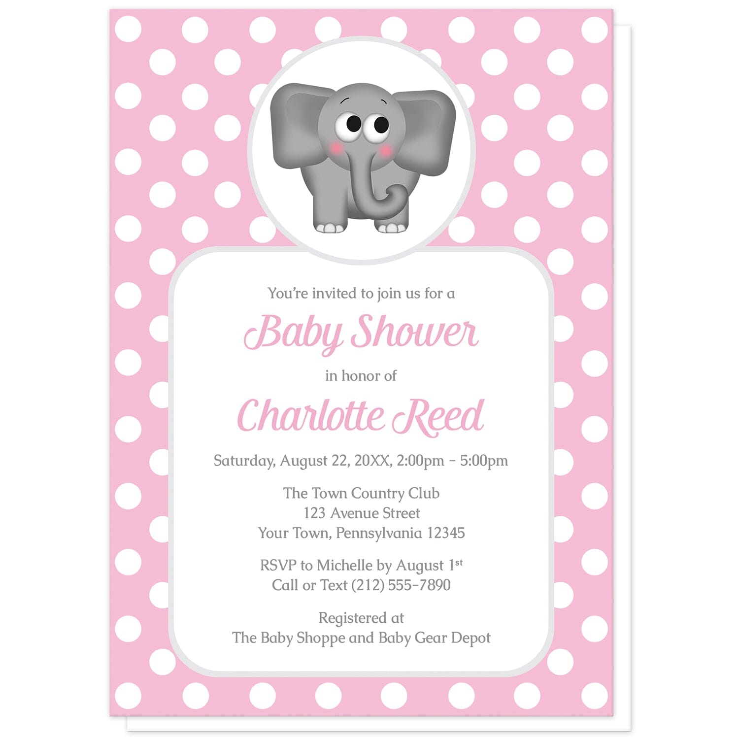 Cute Elephant Pink Polka Dot Baby Shower Invitations at Artistically Invited. Cute elephant pink polka dot baby shower invitations that are illustrated with an affectionate and adorable gray elephant over a pink polka dot background. Your personalized baby shower details are arranged in pink and gray over a white rectangular area over the pink polka dot background.