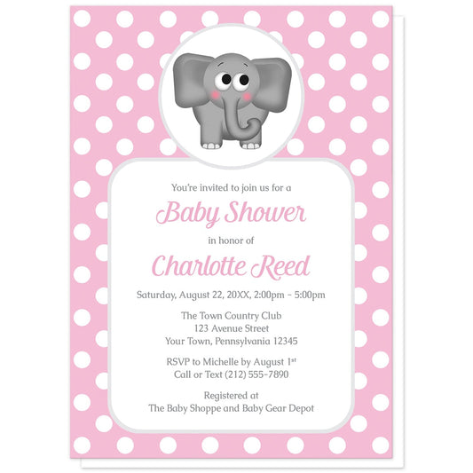 Cute Elephant Pink Polka Dot Baby Shower Invitations at Artistically Invited. Cute elephant pink polka dot baby shower invitations that are illustrated with an affectionate and adorable gray elephant over a pink polka dot background. Your personalized baby shower details are arranged in pink and gray over a white rectangular area over the pink polka dot background.