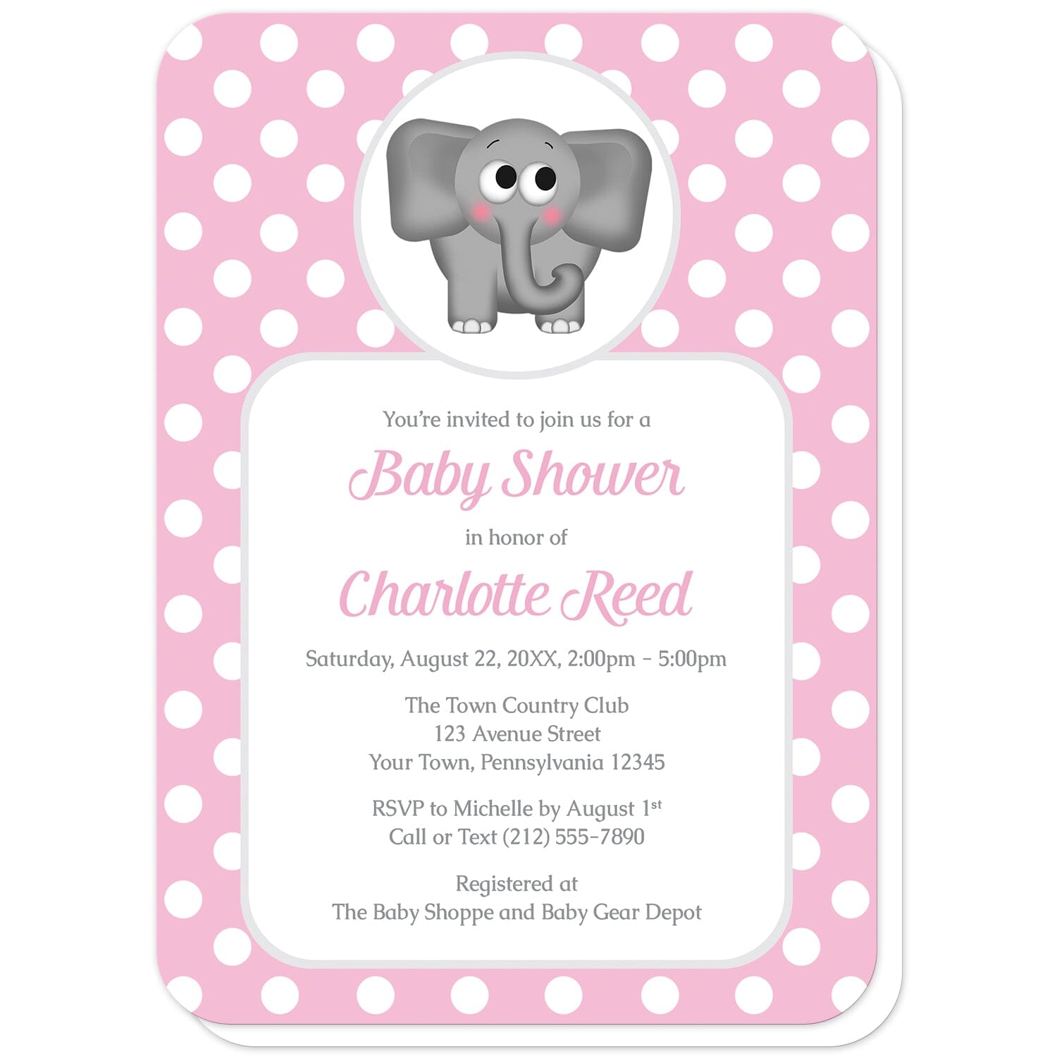Cute Elephant Pink Polka Dot Baby Shower Invitations (with rounded corners) at Artistically Invited. Cute elephant pink polka dot baby shower invitations that are illustrated with an affectionate and adorable gray elephant over a pink polka dot background. Your personalized baby shower details are custom printed in pink and gray over a white rectangular area over the pink polka dot background.
