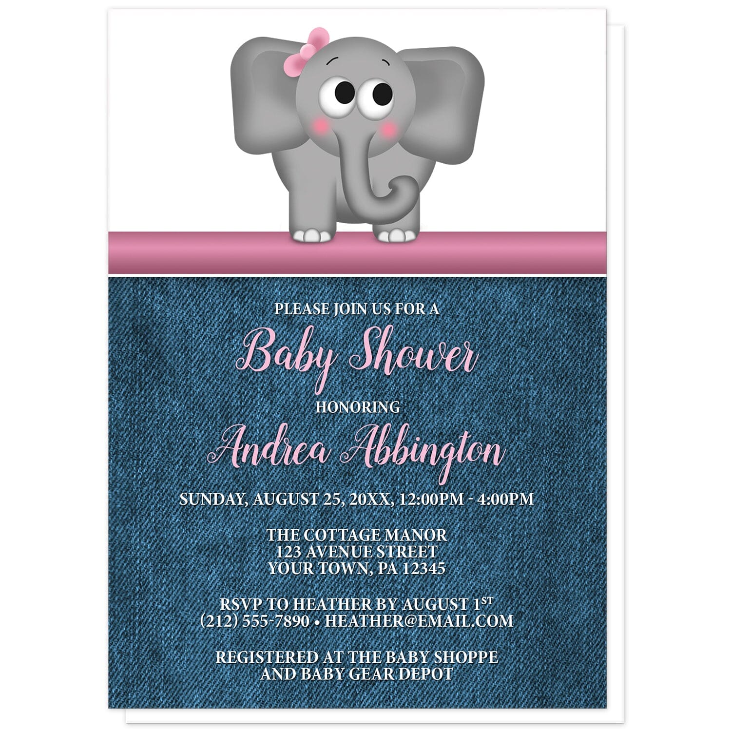 Cute Elephant Pink Rustic Denim Baby Shower Invitations at Artistically Invited. Cute elephant pink rustic denim baby shower invitations with an illustration of an adorable gray elephant wearing a pink bow. This cute little elephant stands on a horizontal pink stripe. The information you provide for your baby shower will be arranged in pink and white over a rustic blue denim background.