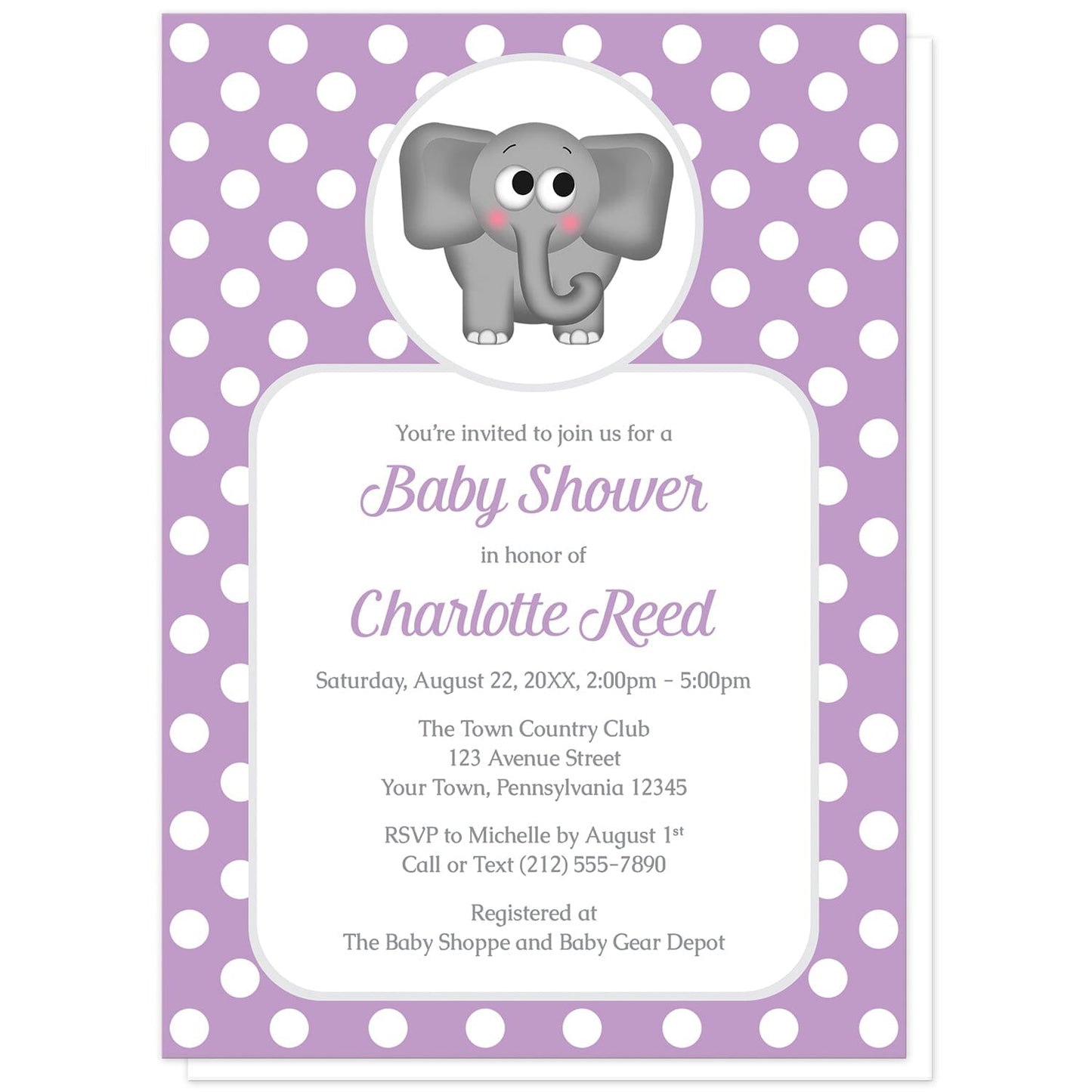 Cute Elephant Purple Polka Dot Baby Shower Invitations at Artistically Invited. Cute elephant purple polka dot baby shower invitations that are illustrated with an affectionate and adorable gray elephant over a purple polka dot background. Your personalized baby shower details are arranged in purple and gray over a white rectangular area over the purple polka dot background.