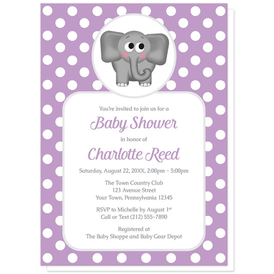 Cute Elephant Purple Polka Dot Baby Shower Invitations at Artistically Invited. Cute elephant purple polka dot baby shower invitations that are illustrated with an affectionate and adorable gray elephant over a purple polka dot background. Your personalized baby shower details are arranged in purple and gray over a white rectangular area over the purple polka dot background.