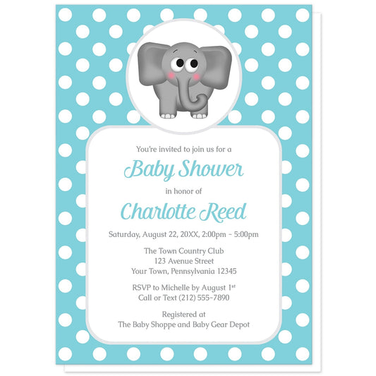 Cute Elephant Turquoise Polka Dot Baby Shower Invitations at Artistically Invited. Cute elephant turquoise polka dot baby shower invitations that are illustrated with an affectionate and adorable gray elephant over a turquoise polka dot background. Your personalized baby shower details are arranged in turquoise and gray over a white rectangular area over the turquoise polka dot background.