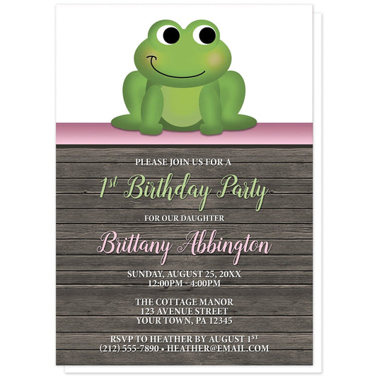 Cute Frog Green Pink Rustic Wood 1st Birthday Invitations at Artistically Invited. Cute frog green pink rustic wood 1st birthday invitations with an illustration of an adorable green frog. A gradient pink stripe separates the cute frog from your personalized birthday party details which are arranged in pink, green, and white over a rustic brown wood background.