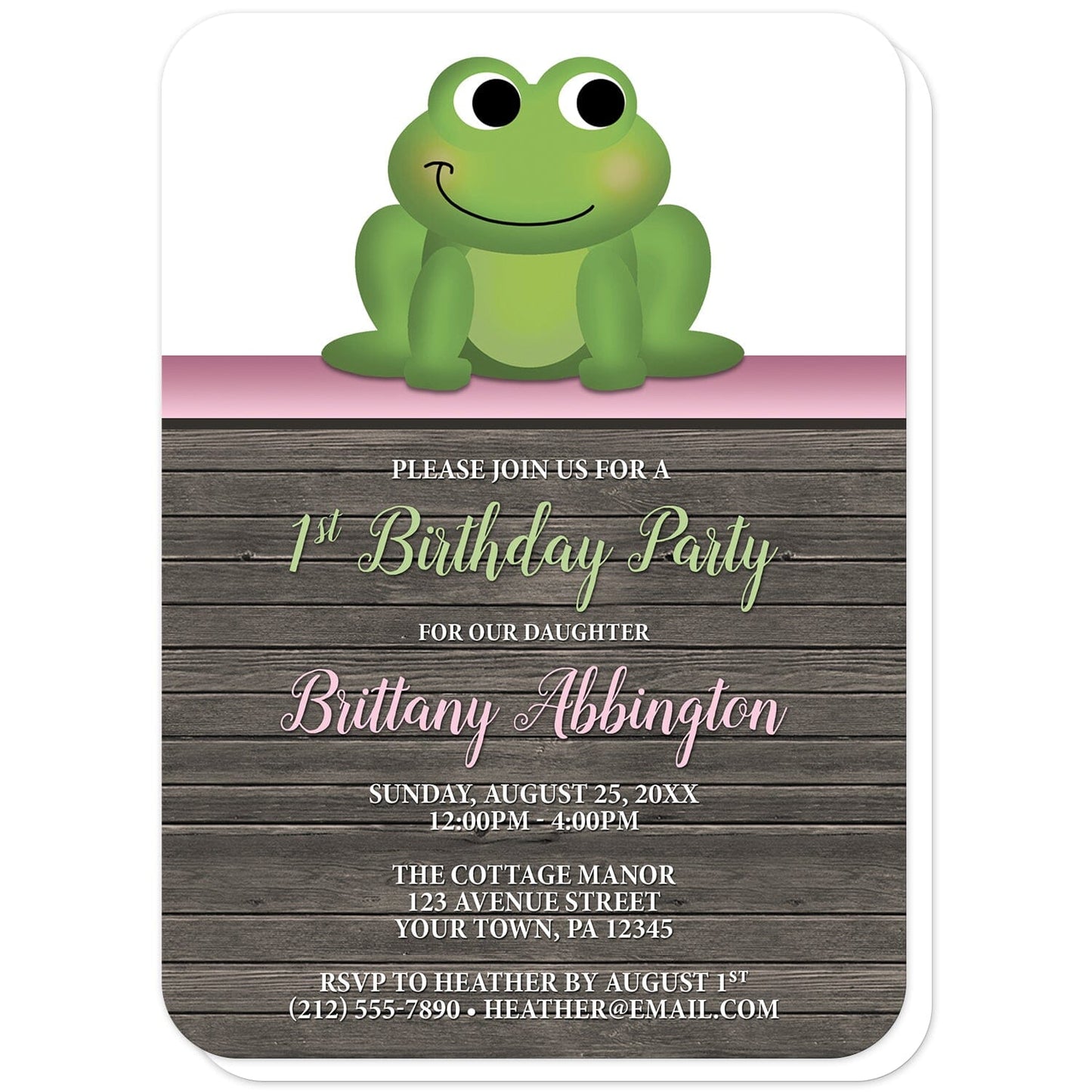 Cute Frog Green Pink Rustic Wood 1st Birthday Invitations (with rounded corners) at Artistically Invited. Cute frog green pink rustic wood 1st birthday invitations with an illustration of an adorable green frog. A gradient pink stripe separates the cute frog from your personalized birthday party details which are custom printed in pink, green, and white over a rustic brown wood background.