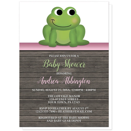Cute Frog Green Pink Rustic Wood Baby Shower Invitations at Artistically Invited. Cute frog green pink rustic wood baby shower invitations with an illustration of an adorable green frog. A pink stripe separates the cute frog from your personalized celebration details which are arranged in pink, green, and white over a rustic brown wood background.
