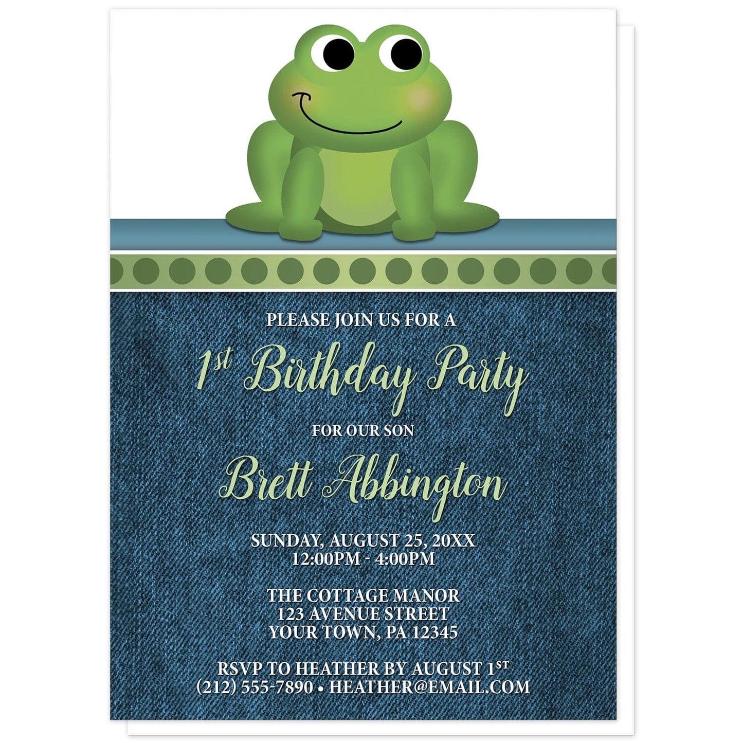 Cute Frog Green Rustic Denim 1st Birthday Invitations at Artistically Invited. Cute frog green rustic denim 1st birthday invitations with an illustration of an adorable smiling green frog. A dotted green border separates the cute frog from your invitation details. The personalized information you provide for the birthday party will be arranged in green and white over a rustic blue denim background.