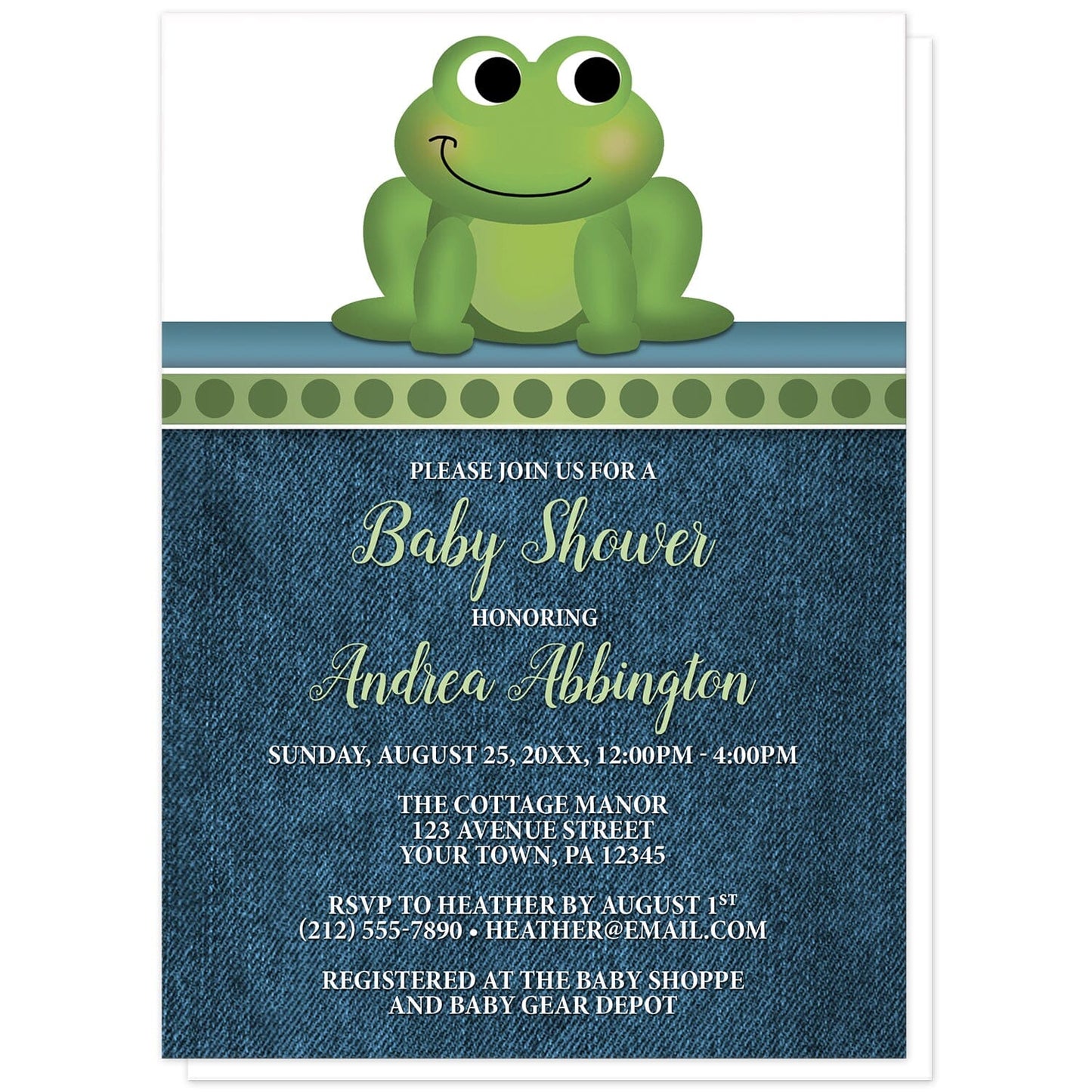 Cute Frog Green Rustic Denim Baby Shower Invitations at Artistically Invited. Cute frog green rustic denim baby shower invitations with an illustration of an adorable smiling green frog. A dotted green border separates the cute frog from your invitation details. The personalized information you provide for the baby shower celebration will be arranged in green and white over a rustic blue denim background.