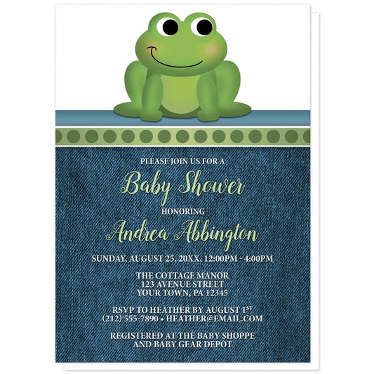 Cute Frog Green Rustic Denim Baby Shower Invitations at Artistically Invited. Cute frog green rustic denim baby shower invitations with an illustration of an adorable smiling green frog. A dotted green border separates the cute frog from your invitation details. The personalized information you provide for the baby shower celebration will be arranged in green and white over a rustic blue denim background.
