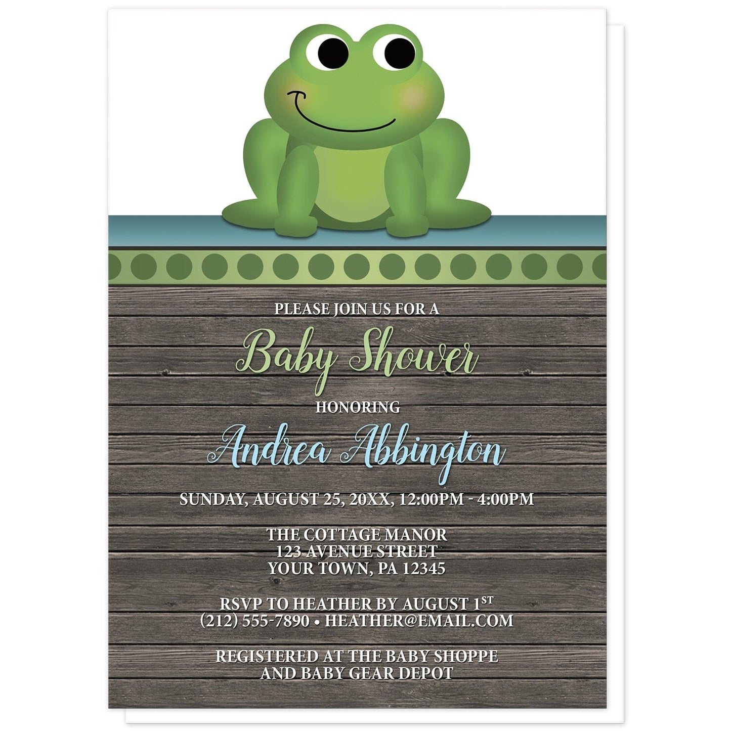 Cute Frog Green Rustic Wood Baby Shower Invitations at Artistically Invited. Cute frog green rustic wood baby shower invitations with an illustration of an adorable green frog on a polka dot green stripe at the top of the invitations. Your personalized baby shower celebration details are arranged in green, blue, and white over a rustic brown wood background.