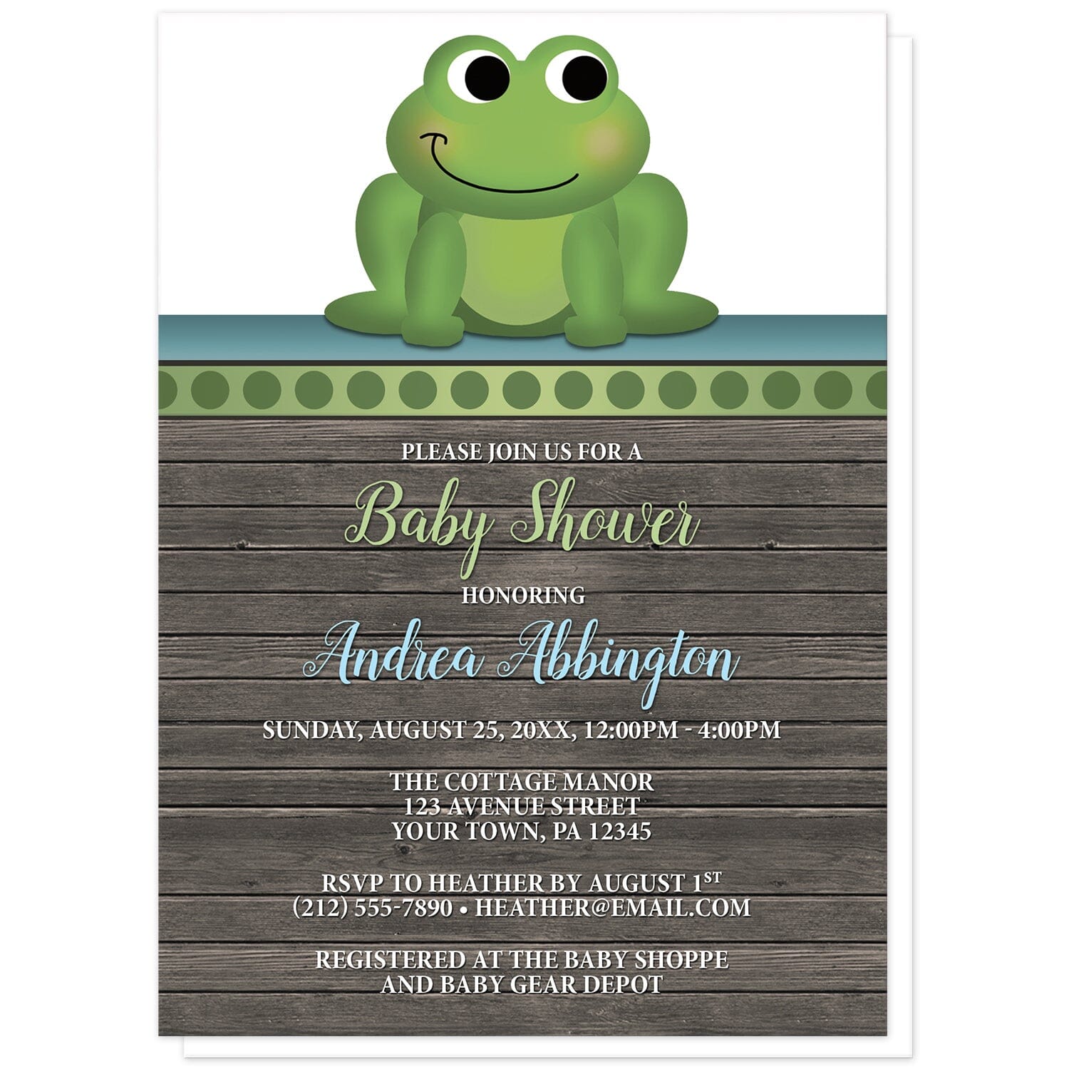 Cute Frog Green Rustic Wood Baby Shower Invitations at Artistically Invited. Cute frog green rustic wood baby shower invitations with an illustration of an adorable green frog on a polka dot green stripe at the top of the invitations. Your personalized baby shower celebration details are arranged in green, blue, and white over a rustic brown wood background.