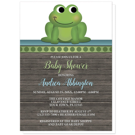 Cute Frog Green Rustic Wood Baby Shower Invitations at Artistically Invited. Cute frog green rustic wood baby shower invitations with an illustration of an adorable green frog on a polka dot green stripe at the top of the invitations. Your personalized baby shower celebration details are arranged in green, blue, and white over a rustic brown wood background.
