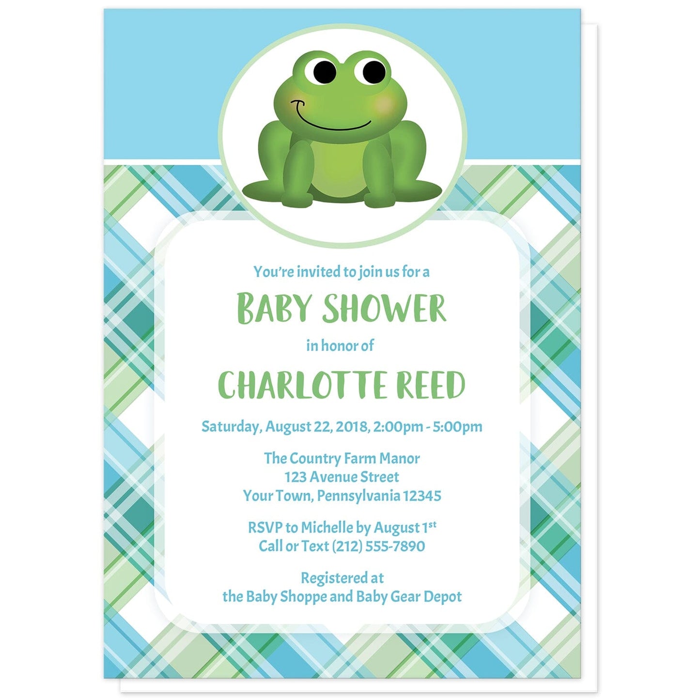 Cute Frog Green and Blue Plaid Baby Shower Invitations at Artistically Invited. Cute frog green and blue plaid baby shower invitations that are illustrated with an adorable green frog in a white and green oval over a blue background on the top, and a green and blue plaid pattern background on the bottom. Your personalized baby shower details are arranged in green and blue over a white rectangular area over the plaid pattern.