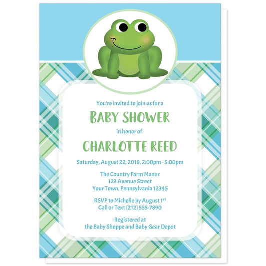 Cute Frog Green and Blue Plaid Baby Shower Invitations at Artistically Invited. Cute frog green and blue plaid baby shower invitations that are illustrated with an adorable green frog in a white and green oval over a blue background on the top, and a green and blue plaid pattern background on the bottom. Your personalized baby shower details are arranged in green and blue over a white rectangular area over the plaid pattern.