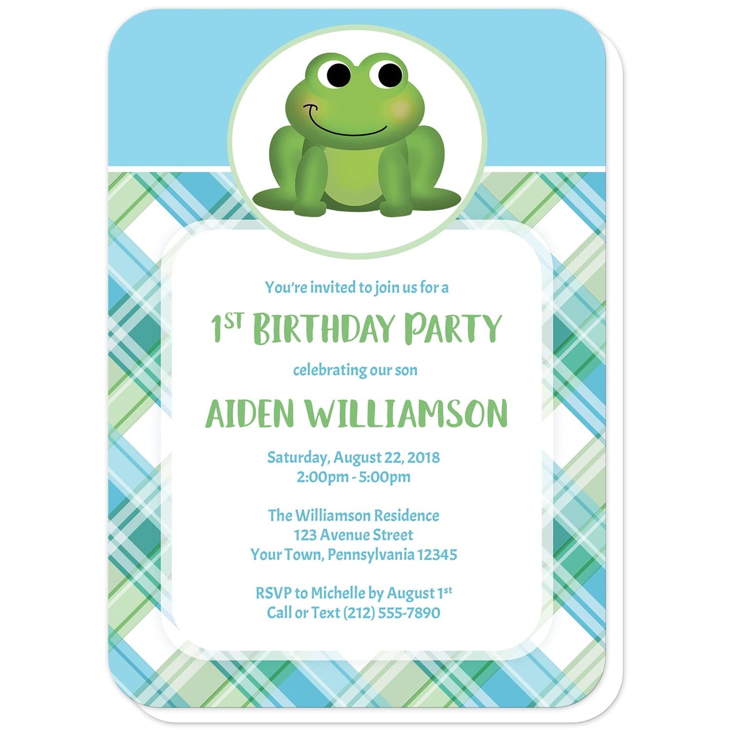 Cute Frog Green and Blue Plaid Birthday Party Invitations (with rounded corners) at Artistically Invited. Cute frog green and blue plaid birthday party invitations that are illustrated with an adorable green frog in a white and green oval over a blue background on the top, and a green and blue plaid pattern background on the bottom. Your personalized birthday party details are custom printed in green and blue over a white rectangular area over the plaid pattern.