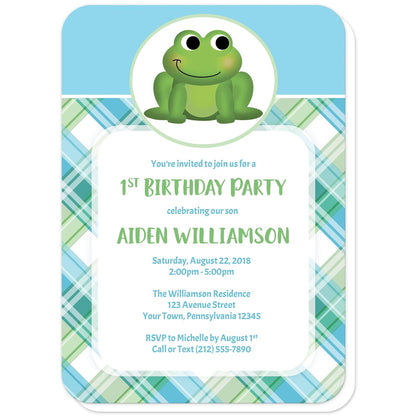 Cute Frog Green and Blue Plaid Birthday Party Invitations (with rounded corners) at Artistically Invited. Cute frog green and blue plaid birthday party invitations that are illustrated with an adorable green frog in a white and green oval over a blue background on the top, and a green and blue plaid pattern background on the bottom. Your personalized birthday party details are custom printed in green and blue over a white rectangular area over the plaid pattern.