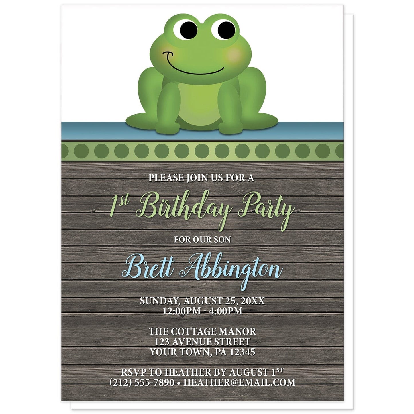 Cute Frog Green Rustic Wood 1st Birthday Invitations at Artistically Invited. Cute frog green rustic wood 1st birthday invitations with an illustration of an adorable green frog on a polka dot green stripe at the top of the invitations. Your personalized 1st birthday party details are arranged in green, blue, and white over a rustic brown wood background. Use can them for your child's 1st birthday or any age.