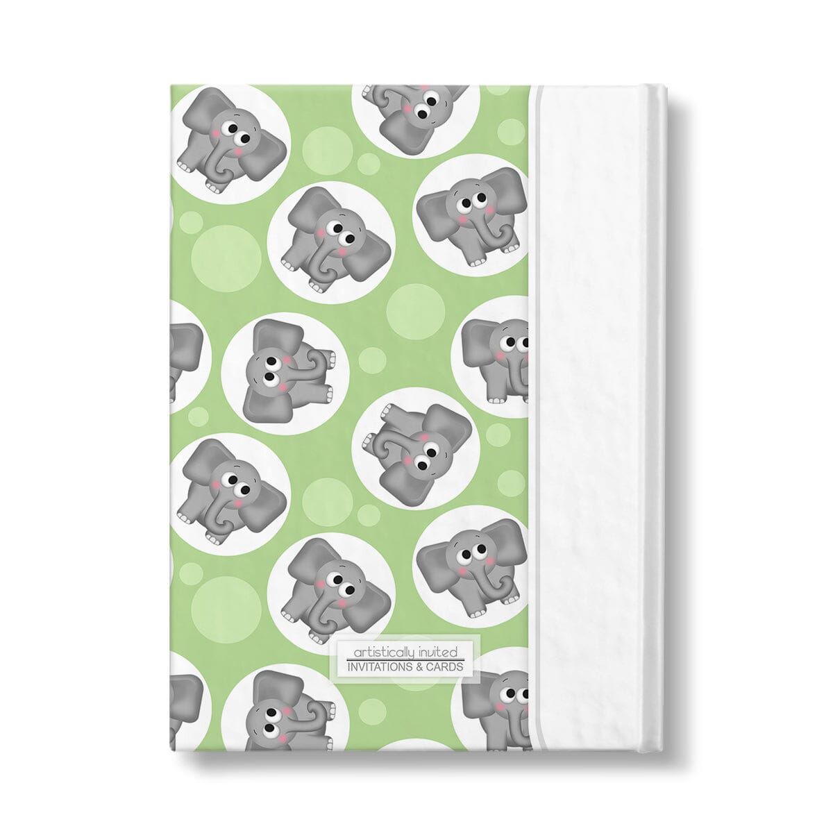 Personalized Cute Green Elephant Journal at Artistically Invited. Back side of the book.