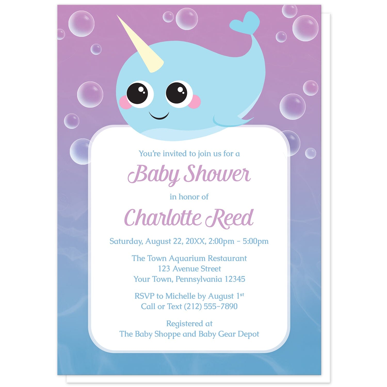 Cute Happy Narwhal Baby Shower Invitations at Artistically Invited. Cute happy narwhal baby shower invitations that are illustrated with a cute and happy blue narwhal surrounded by bubbles, over a purple to blue gradient ombre underwater background. Your personalized baby shower celebration details are arranged in purple and blue over a white rectangular area over the gradient water background.