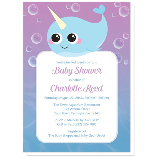 Cute Happy Narwhal Baby Shower Invitations at Artistically Invited. Cute happy narwhal baby shower invitations that are illustrated with a cute and happy blue narwhal surrounded by bubbles, over a purple to blue gradient ombre underwater background. Your personalized baby shower celebration details are arranged in purple and blue over a white rectangular area over the gradient water background.