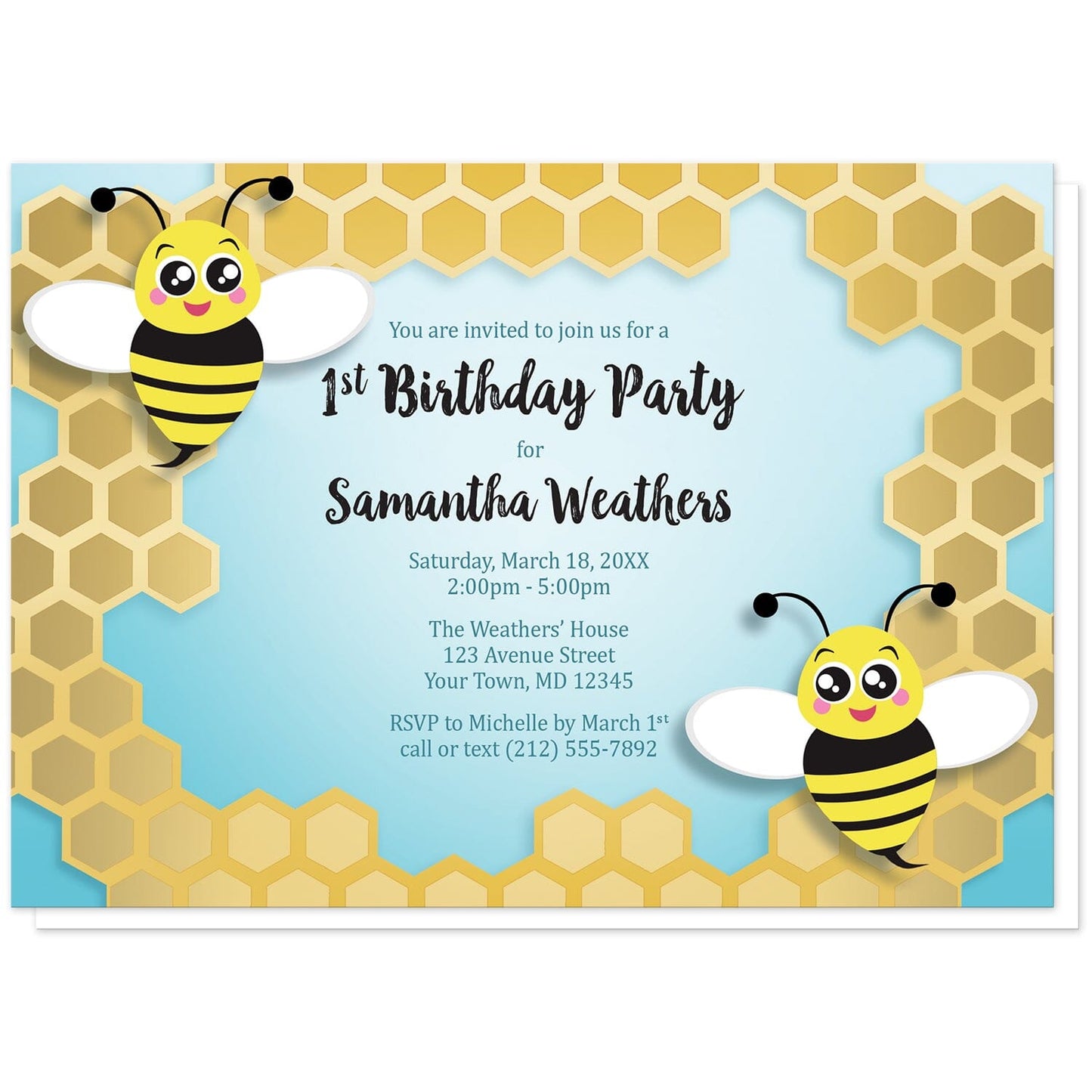 Cute Honeycomb Bee Birthday Party Invitations at Artistically Invited. Invites for a 1st birthday or other year or milestone that are illustrated with two cute bees on opposite corners over an irregular golden yellow honeycomb frame design over a turquoise gradient background. The personalized information you provide for your birthday party celebration will be arranged in black and dark turquoise in the center over the background color.