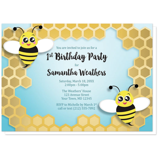 Cute Honeycomb Bee Birthday Party Invitations at Artistically Invited. Invites for a 1st birthday or other year or milestone that are illustrated with two cute bees on opposite corners over an irregular golden yellow honeycomb frame design over a turquoise gradient background. The personalized information you provide for your birthday party celebration will be arranged in black and dark turquoise in the center over the background color.
