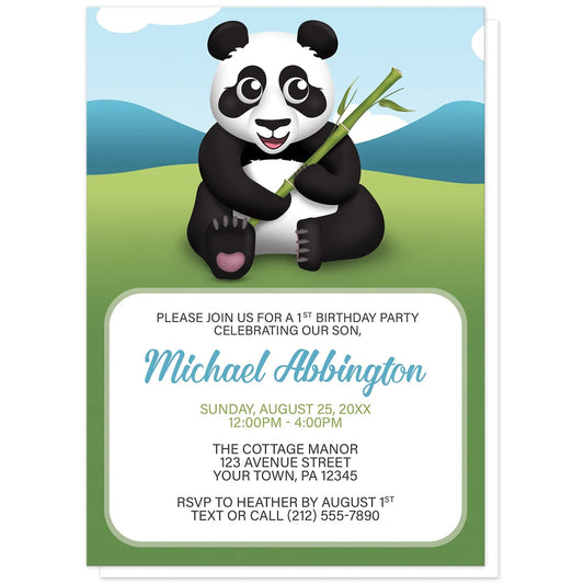 Cute Panda with Bamboo Birthday Party Invitations at Artistically Invited. Cute panda with bamboo birthday party invitations with a unique illustration of a happy and cute panda sitting in the grass holding bamboo with a simple Asian mountains background with a blue sky. Your personalized birthday party celebration details are arranged in blue, green, and dark gray in a white rectangular area over the background design below the happy panda.