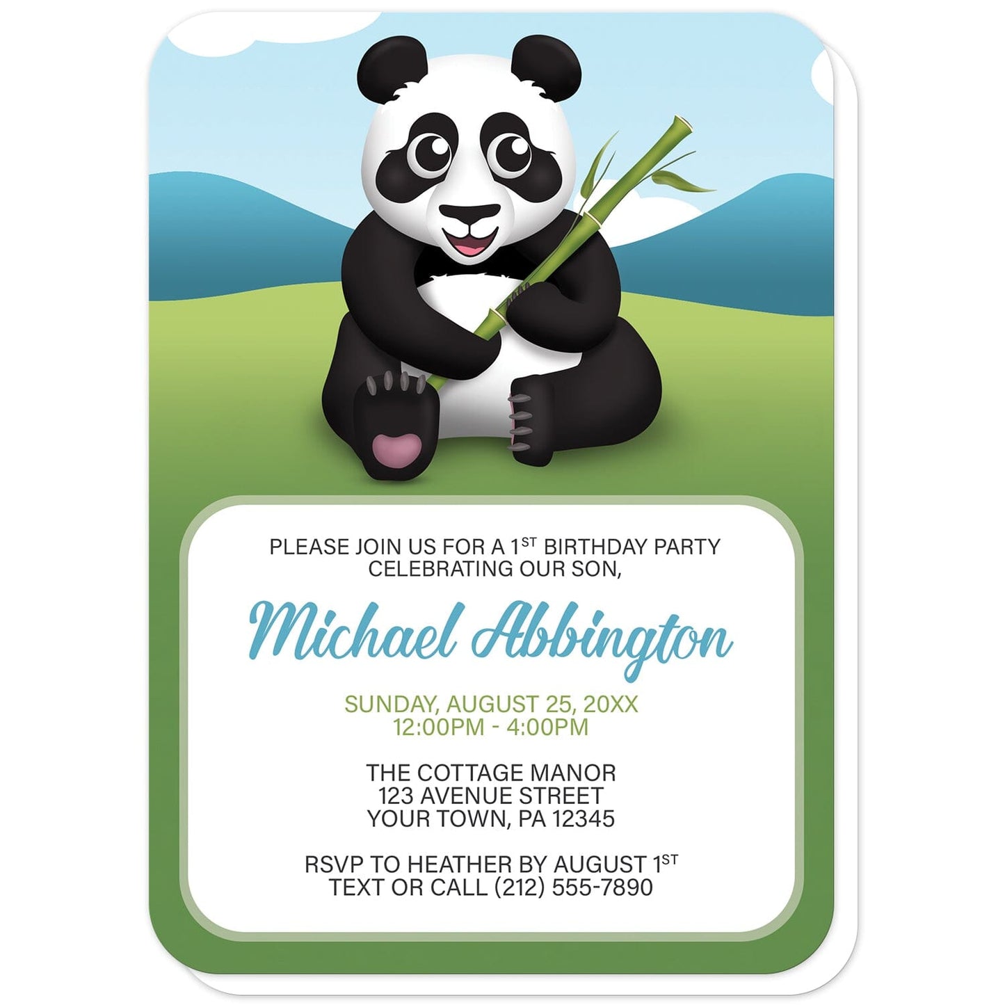 Cute Panda with Bamboo Birthday Party Invitations (with rounded corners) at Artistically Invited. Cute panda with bamboo birthday party invitations with a unique illustration of a happy and cute panda sitting in the grass holding bamboo with a simple Asian mountains background with a blue sky. Your personalized birthday party celebration details are custom printed in blue, green, and dark gray in a white rectangular area over the background design below the happy panda.