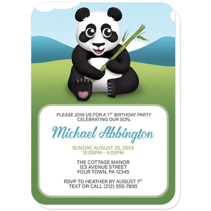 Cute Panda with Bamboo Birthday Party Invitations (with rounded corners) at Artistically Invited. Cute panda with bamboo birthday party invitations with a unique illustration of a happy and cute panda sitting in the grass holding bamboo with a simple Asian mountains background with a blue sky. Your personalized birthday party celebration details are custom printed in blue, green, and dark gray in a white rectangular area over the background design below the happy panda.