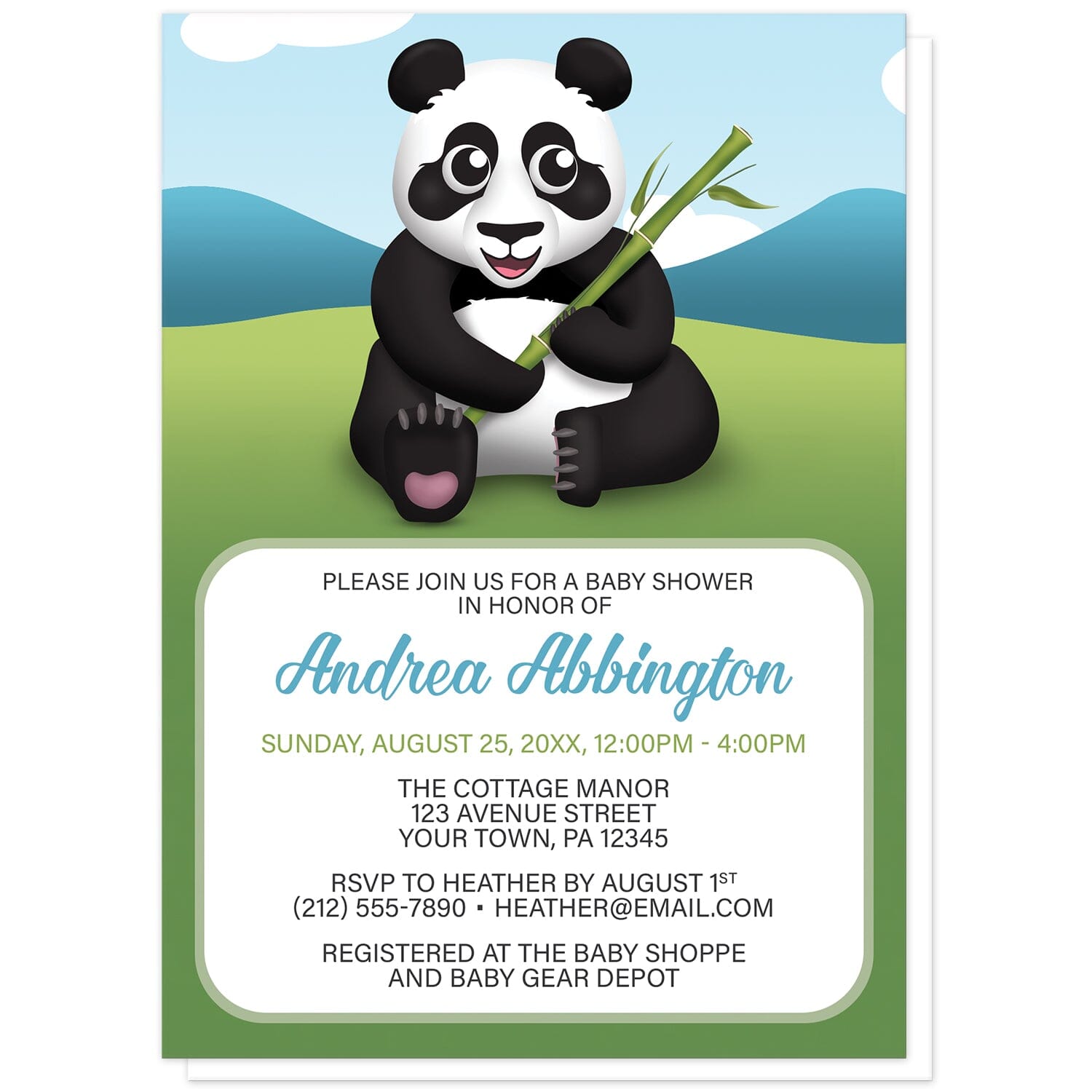 Cute Panda with Bamboo Baby Shower Invitations at Artistically Invited. Cute panda with bamboo baby shower invitations with a unique illustration of a happy and cute panda sitting in the grass holding bamboo with a simple Asian mountains background with a blue sky. Your personalized baby shower celebration details are custom printed in blue, green, and dark gray in a white rectangular area over the background design below the happy panda.