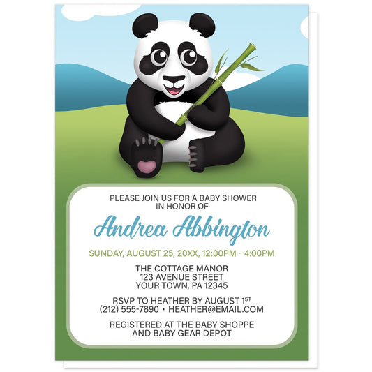 Cute Panda with Bamboo Baby Shower Invitations at Artistically Invited. Cute panda with bamboo baby shower invitations with a unique illustration of a happy and cute panda sitting in the grass holding bamboo with a simple Asian mountains background with a blue sky. Your personalized baby shower celebration details are arranged in blue, green, and dark gray in a white rectangular area over the background design below the happy panda.