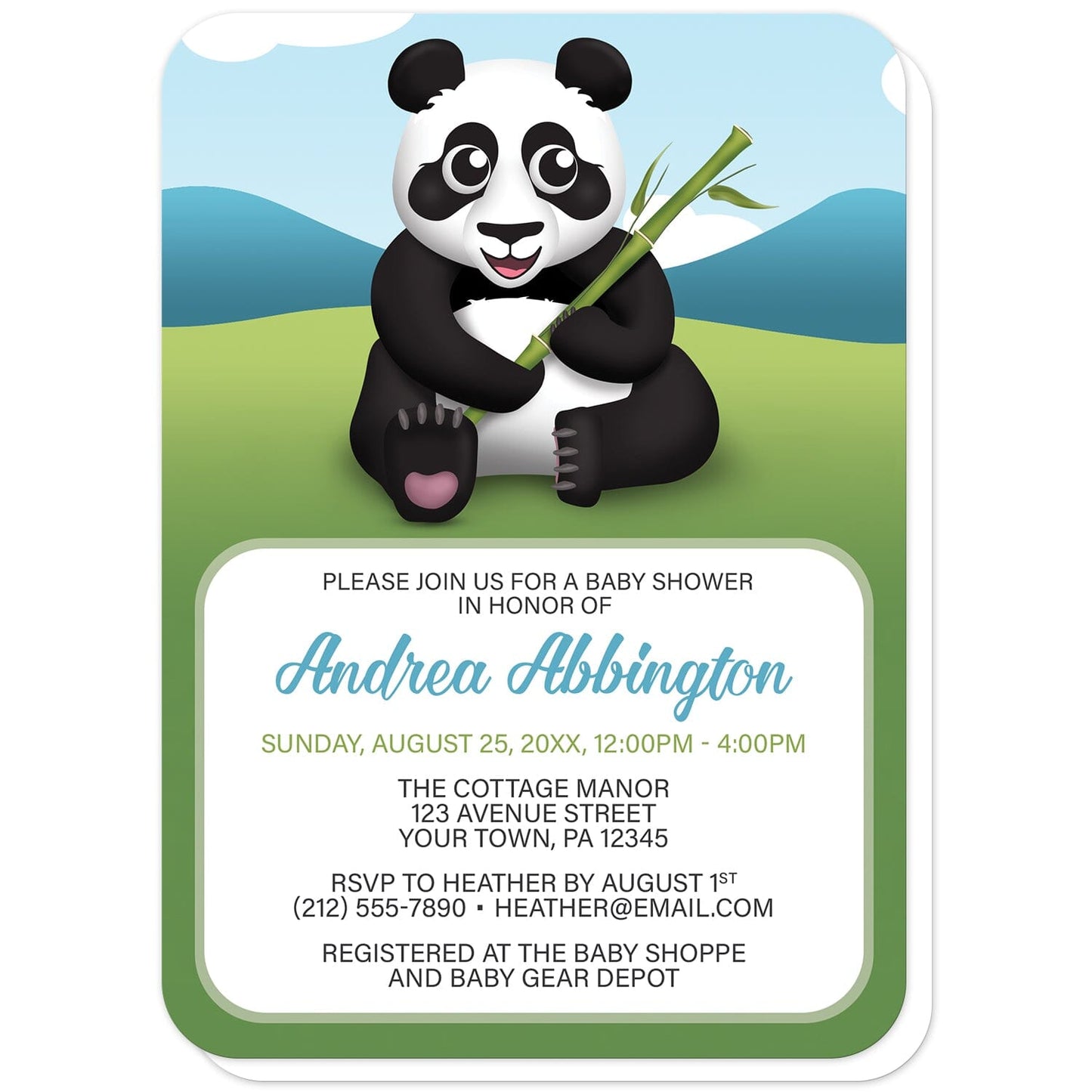 Cute Panda with Bamboo Baby Shower Invitations (with rounded corners) at Artistically Invited. Cute panda with bamboo baby shower invitations with a unique illustration of a happy and cute panda sitting in the grass holding bamboo with a simple Asian mountains background with a blue sky. Your personalized baby shower celebration details are custom printed in blue, green, and dark gray in a white rectangular area over the background design below the happy panda.