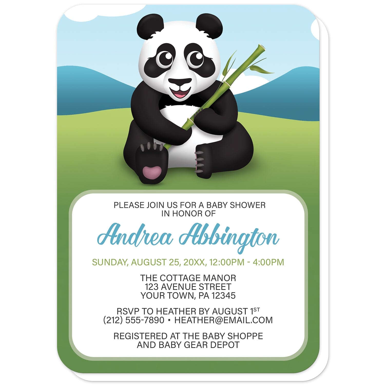 Cute Panda with Bamboo Baby Shower Invitations (with rounded corners) at Artistically Invited. Cute panda with bamboo baby shower invitations with a unique illustration of a happy and cute panda sitting in the grass holding bamboo with a simple Asian mountains background with a blue sky. Your personalized baby shower celebration details are custom printed in blue, green, and dark gray in a white rectangular area over the background design below the happy panda.