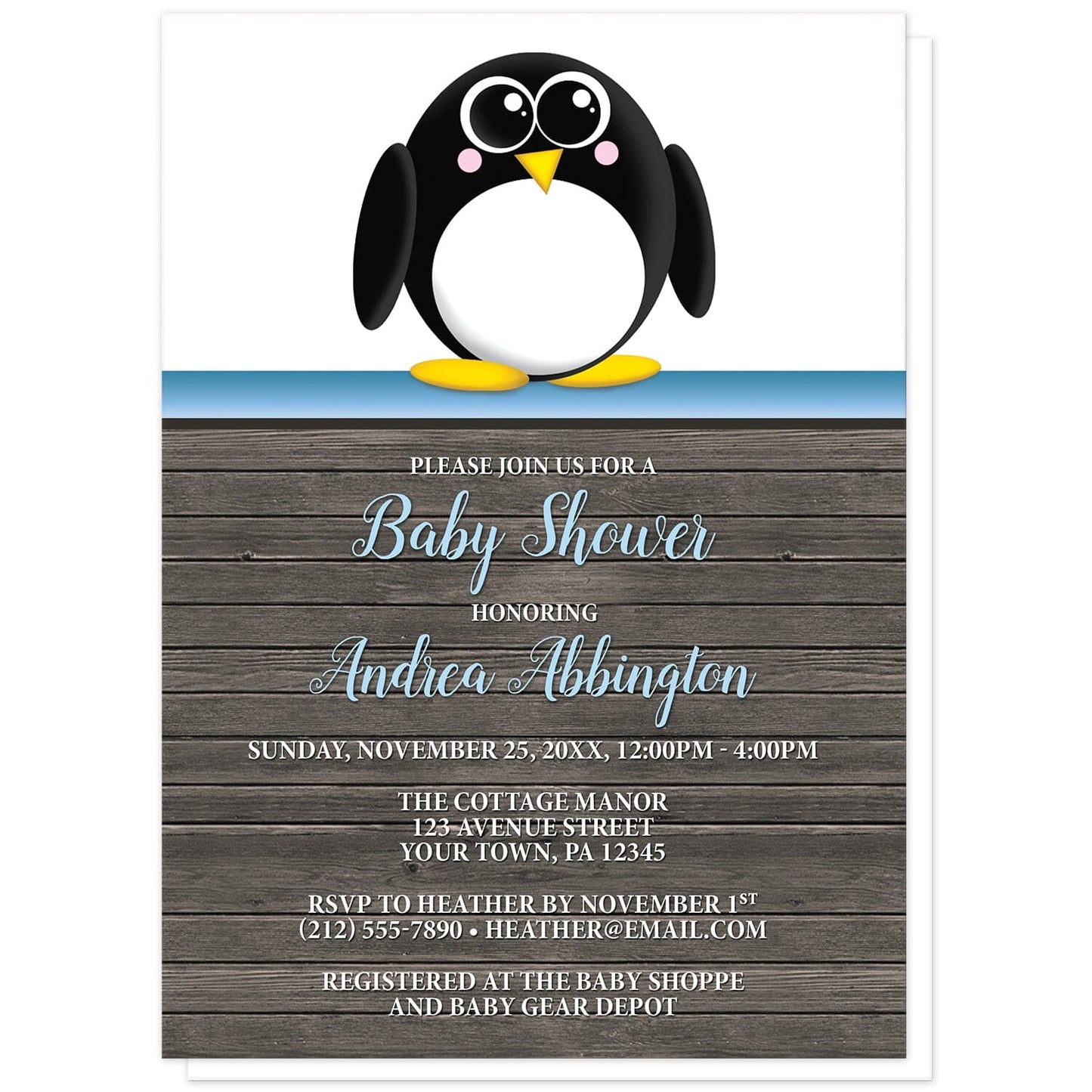 Cute Penguin Blue Rustic Wood Baby Shower Invitations at Artistically Invited. Cute penguin blue rustic wood baby shower invitations with an illustration of an adorable black and white penguin. This cute little penguin stands on a horizontal blue stripe at the top of the invitations. The personalized information you provide for your baby shower celebration will be arranged in blue and white over a rustic brown wood background illustration.