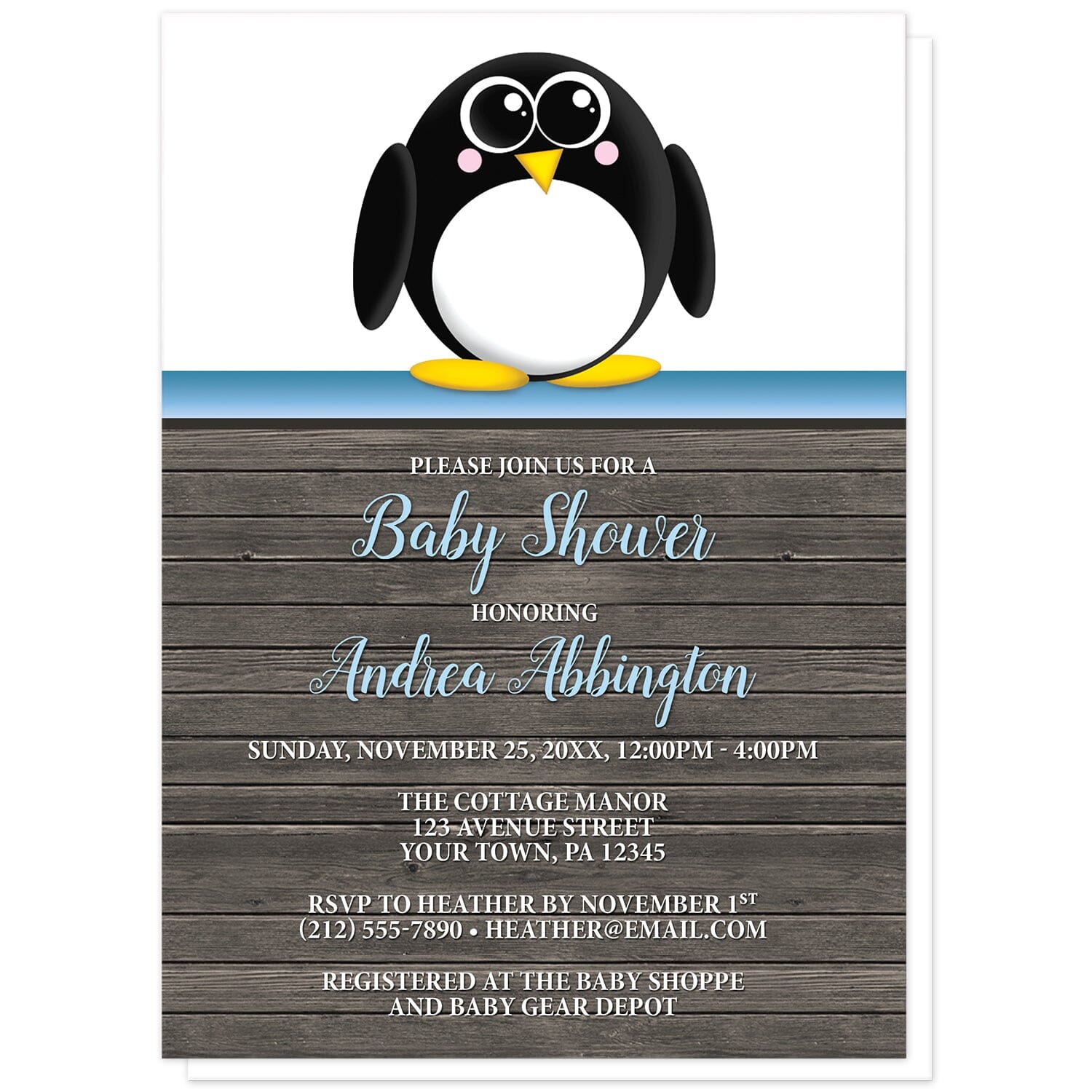 Cute Penguin Blue Rustic Wood Baby Shower Invitations at Artistically Invited. Cute penguin blue rustic wood baby shower invitations with an illustration of an adorable black and white penguin. This cute little penguin stands on a horizontal blue stripe at the top of the invitations. The personalized information you provide for your baby shower celebration will be arranged in blue and white over a rustic brown wood background illustration.