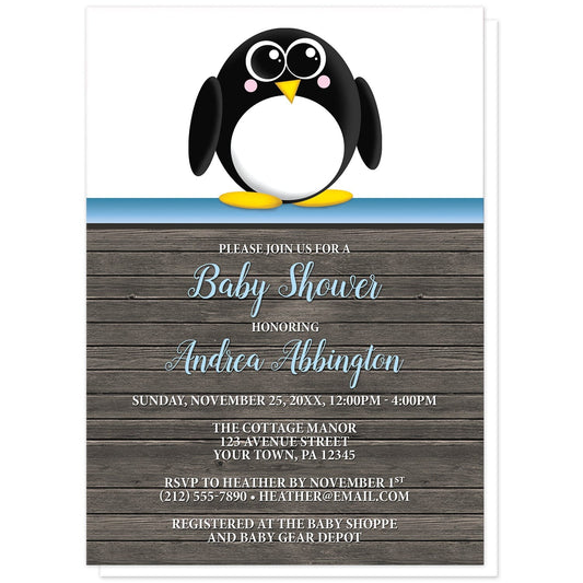 Cute Penguin Blue Rustic Wood Baby Shower Invitations at Artistically Invited. Cute penguin blue rustic wood baby shower invitations with an illustration of an adorable black and white penguin. This cute little penguin stands on a horizontal blue stripe at the top of the invitations. The personalized information you provide for your baby shower celebration will be arranged in blue and white over a rustic brown wood background illustration.